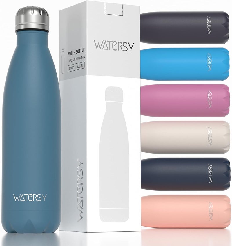 WATERSY Stainless Steel water bottles,17oz/500ml Insulated Water Bottles,Smog Blue metal water bottle Keeps Drink Cold and Hot,BPA Free kids water bottles for School,Gym,Travel,Sports - Image 1